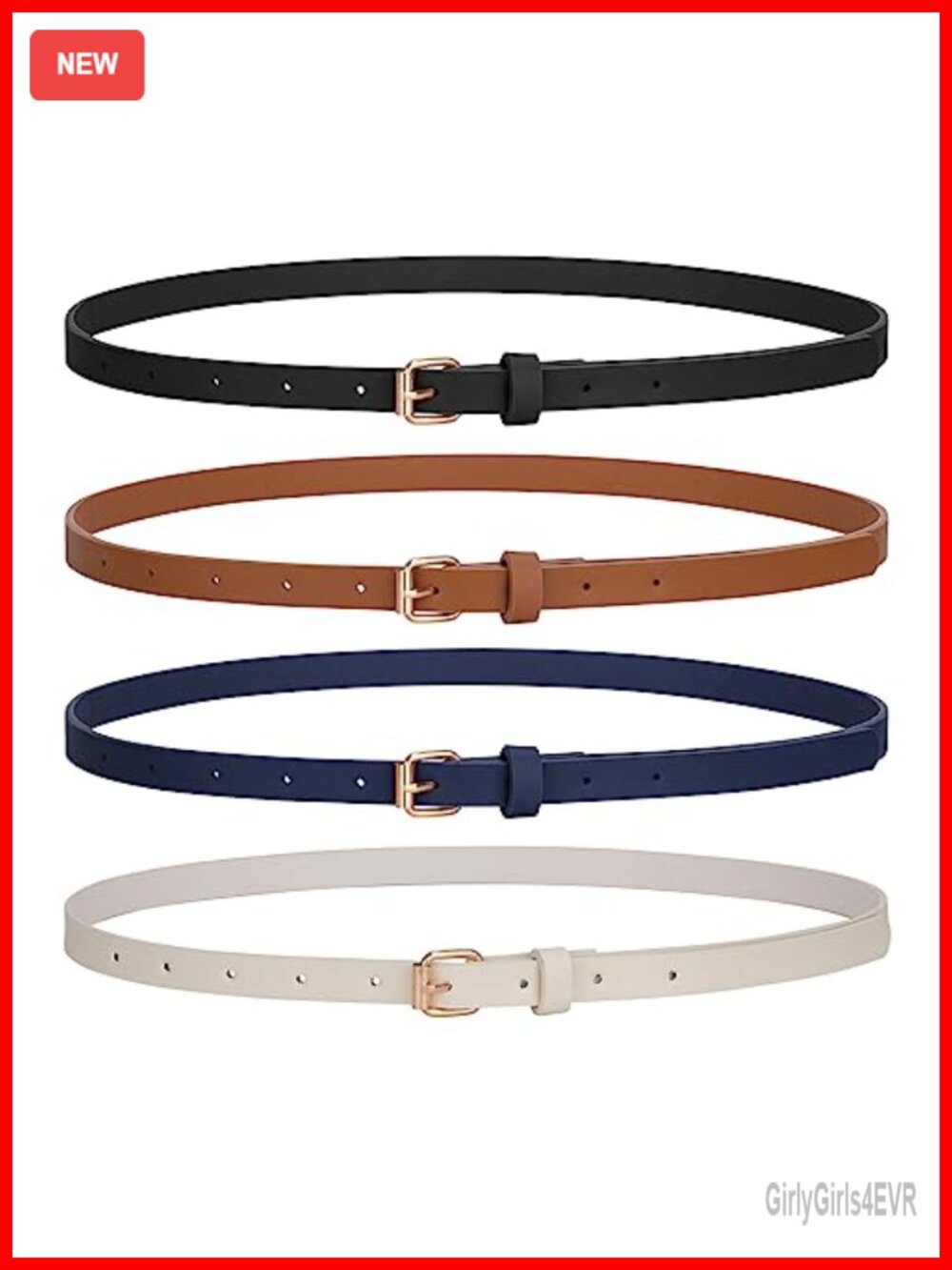 4 Pack Women Skinny Faux Leather Belts Thin Waist Belt Gold Buckle